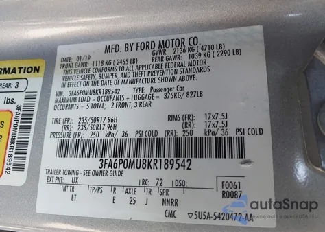 2019 Ford Fusion Hybrid Sel z USA, uszkodzony, nr VIN 3FA6P0MU8KR189542